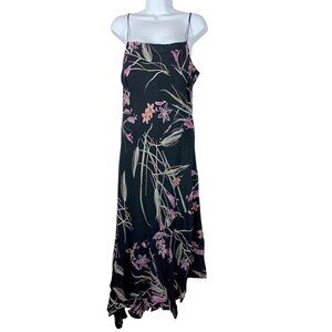 Lily Floral Midi Summer Dress Large Black Handkerchief Hem Lined Boho Festival